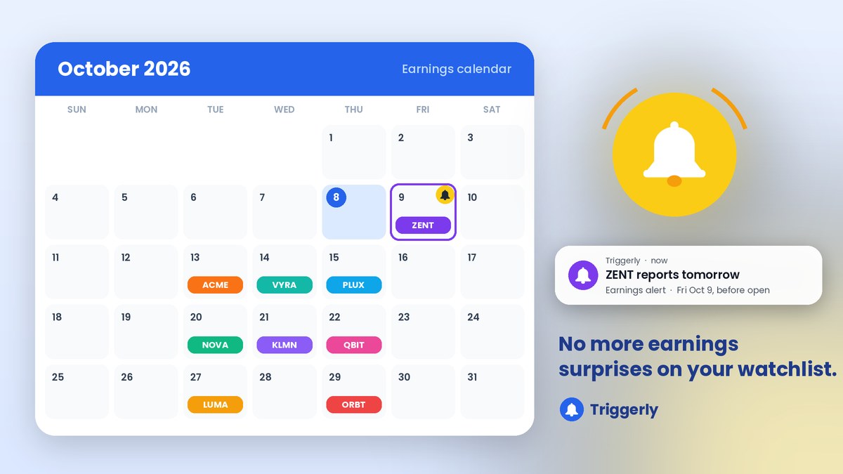 Phone showing an earnings-related stock alert next to a calendar and a candlestick chart