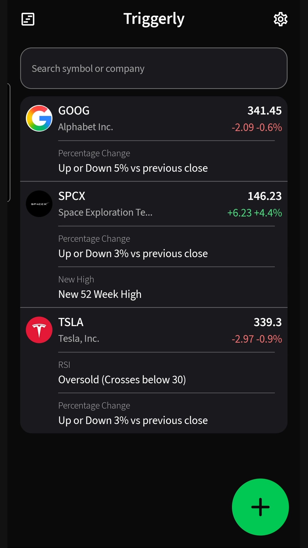 Triggerly home screen with stocks grouped into cards and active alert rules separated beneath each ticker