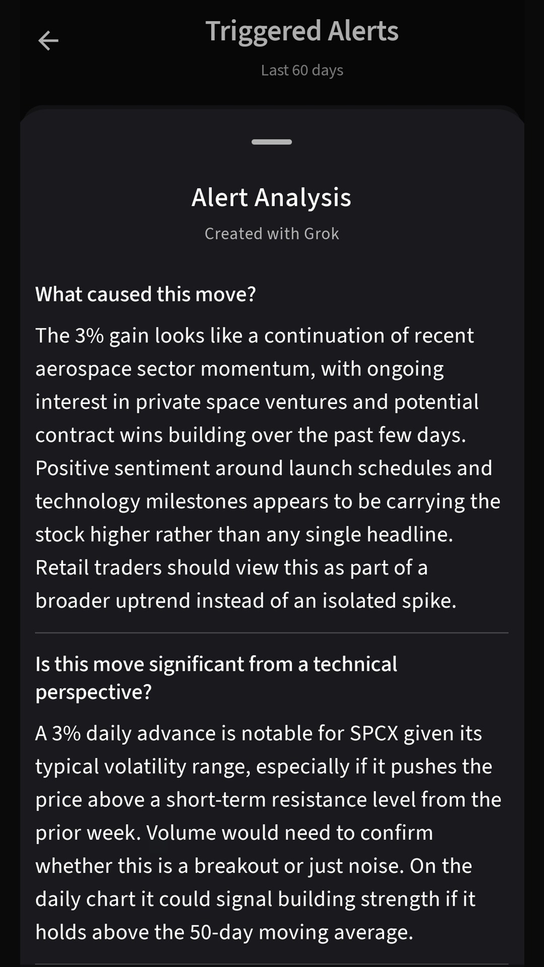 Alert Analysis generated by Grok explaining the SPCX move and its technical significance