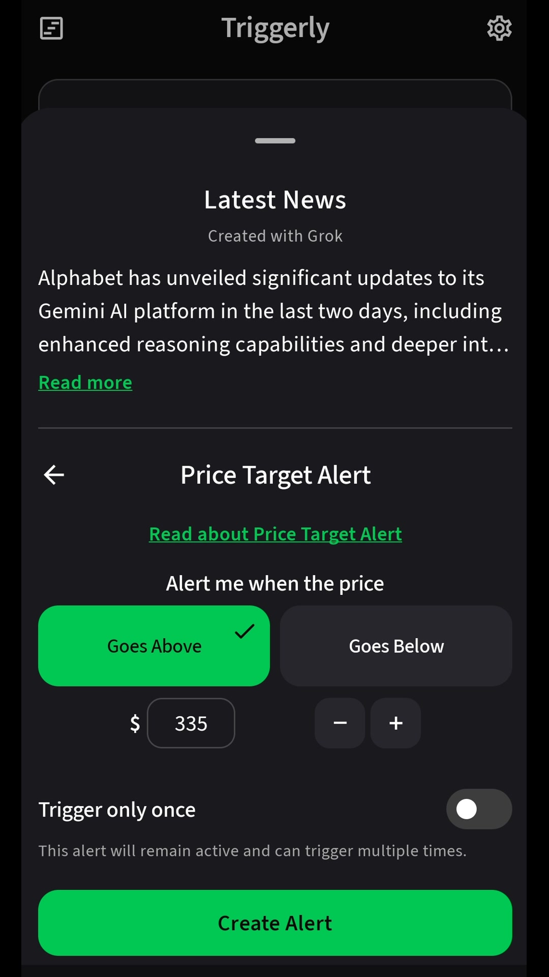 Price Target Alert setup for GOOGL with Price Targets & News, a goes-above target of 335 dollars, and one-time trigger control