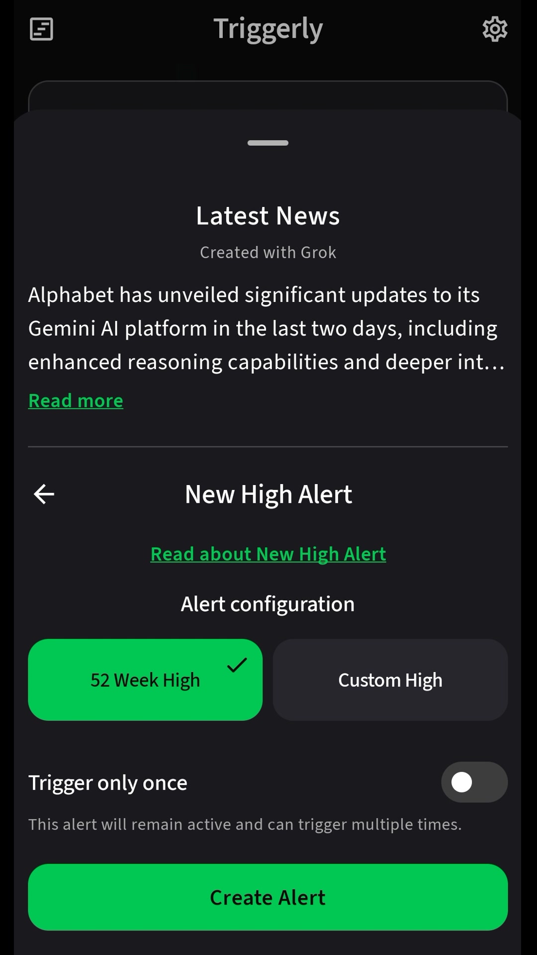 New High Alert setup for GOOGL with Price Targets & News and the 52 Week High option selected