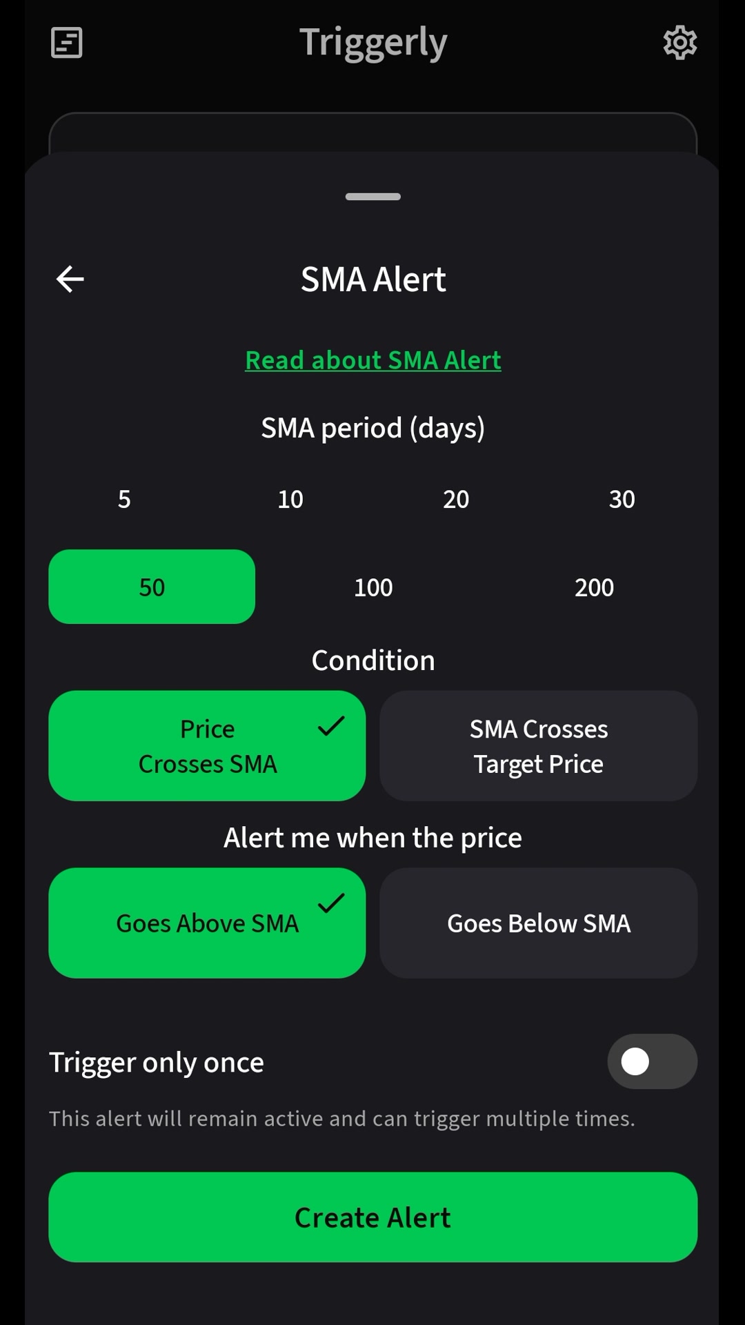 SMA Alert setup with a 50-day period and the price crosses above SMA condition selected