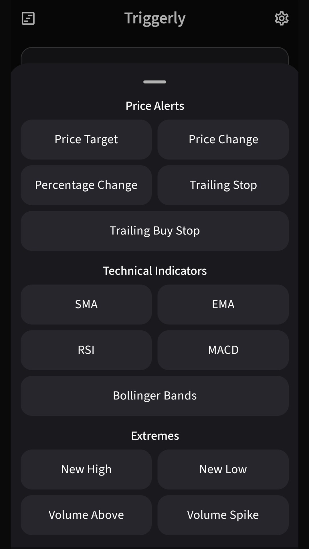 Triggerly alert type picker with price alerts, technical indicators, extremes, and volume alerts