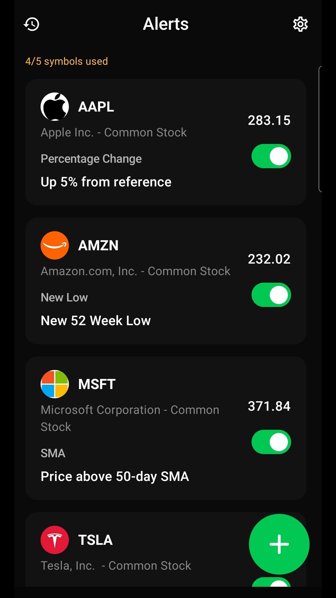 Triggerly alerts list with active stock alerts and live prices