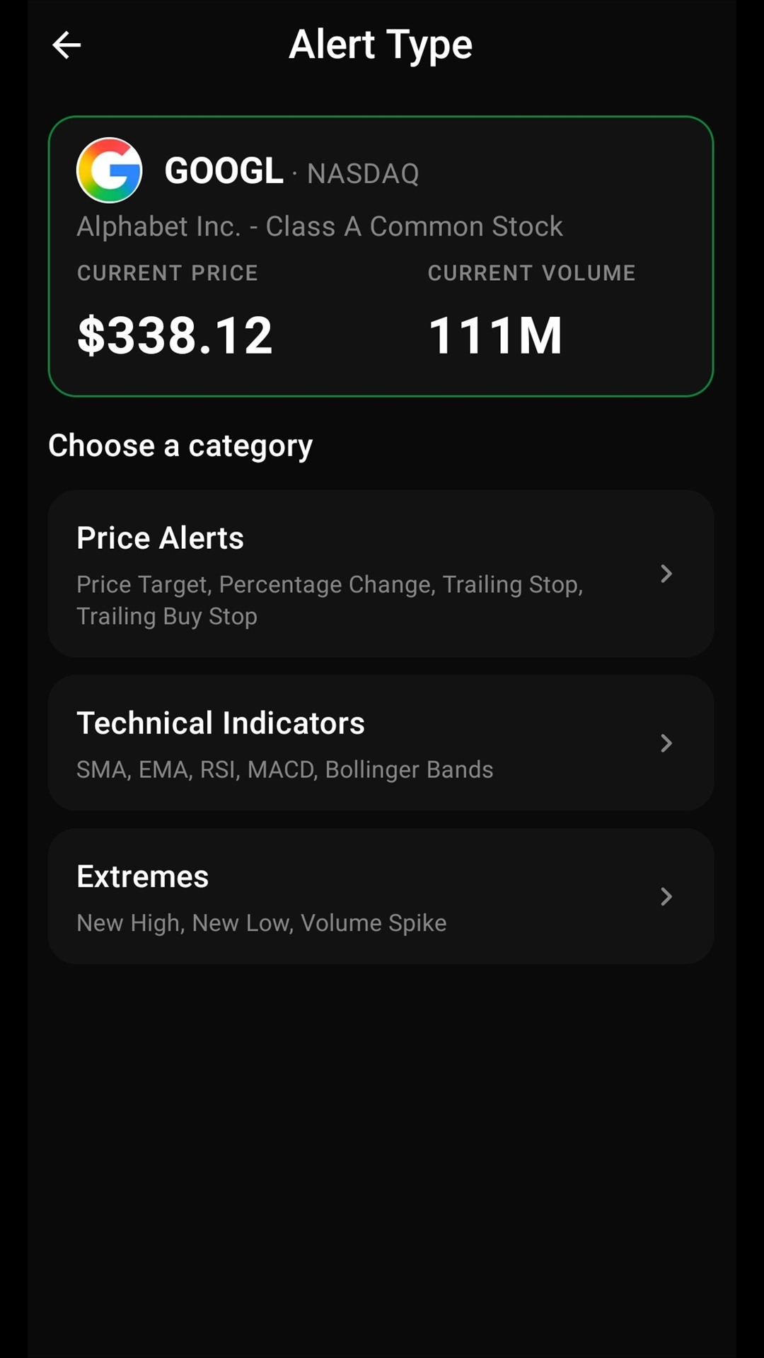 Alert type categories including price, technical indicators, and extremes