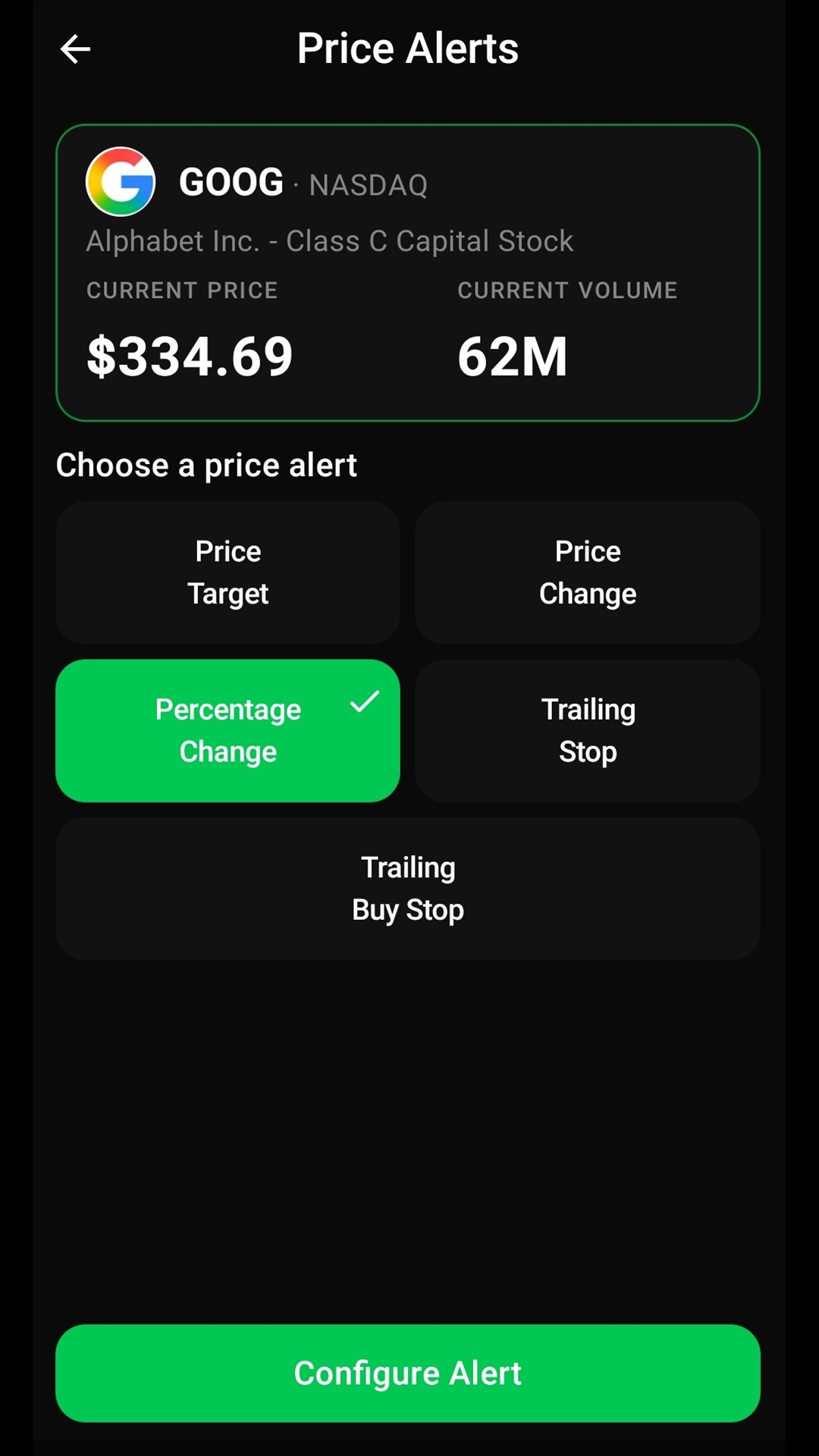 Price alert types including price target, percentage change, and trailing stops