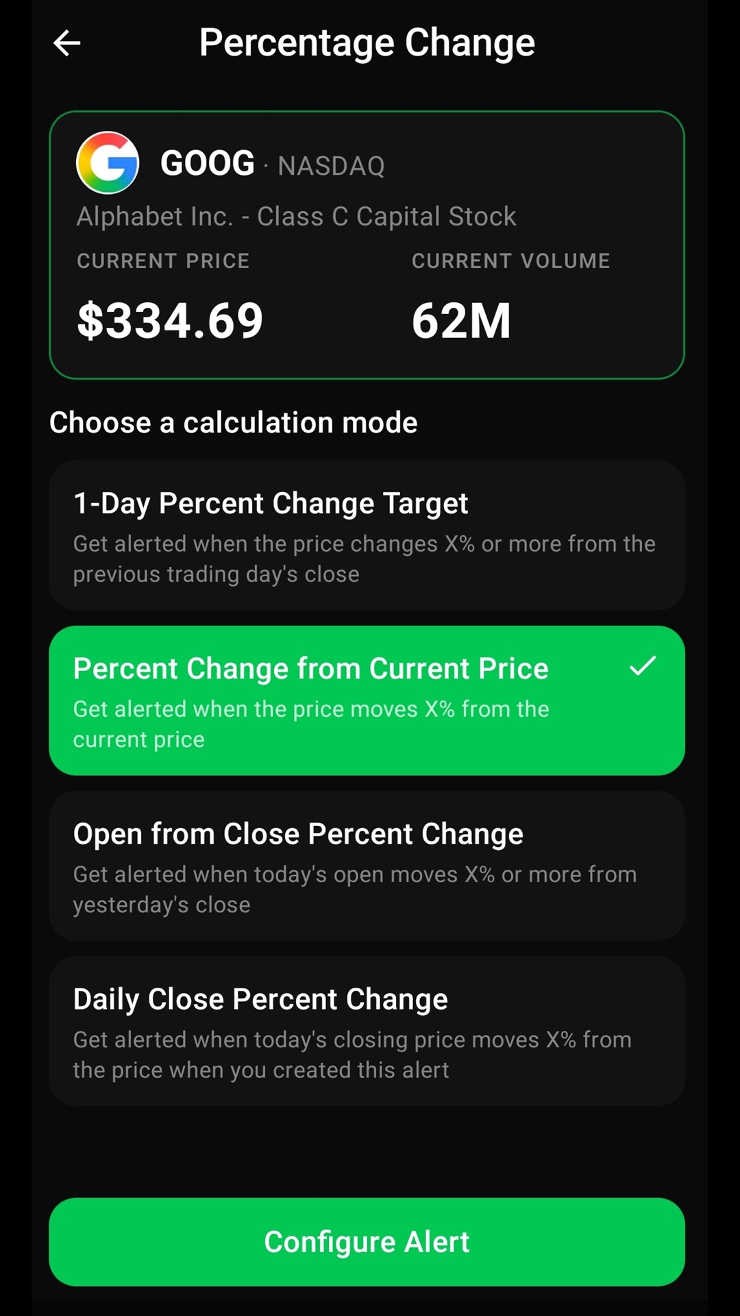Percentage change alert with multiple calculation modes