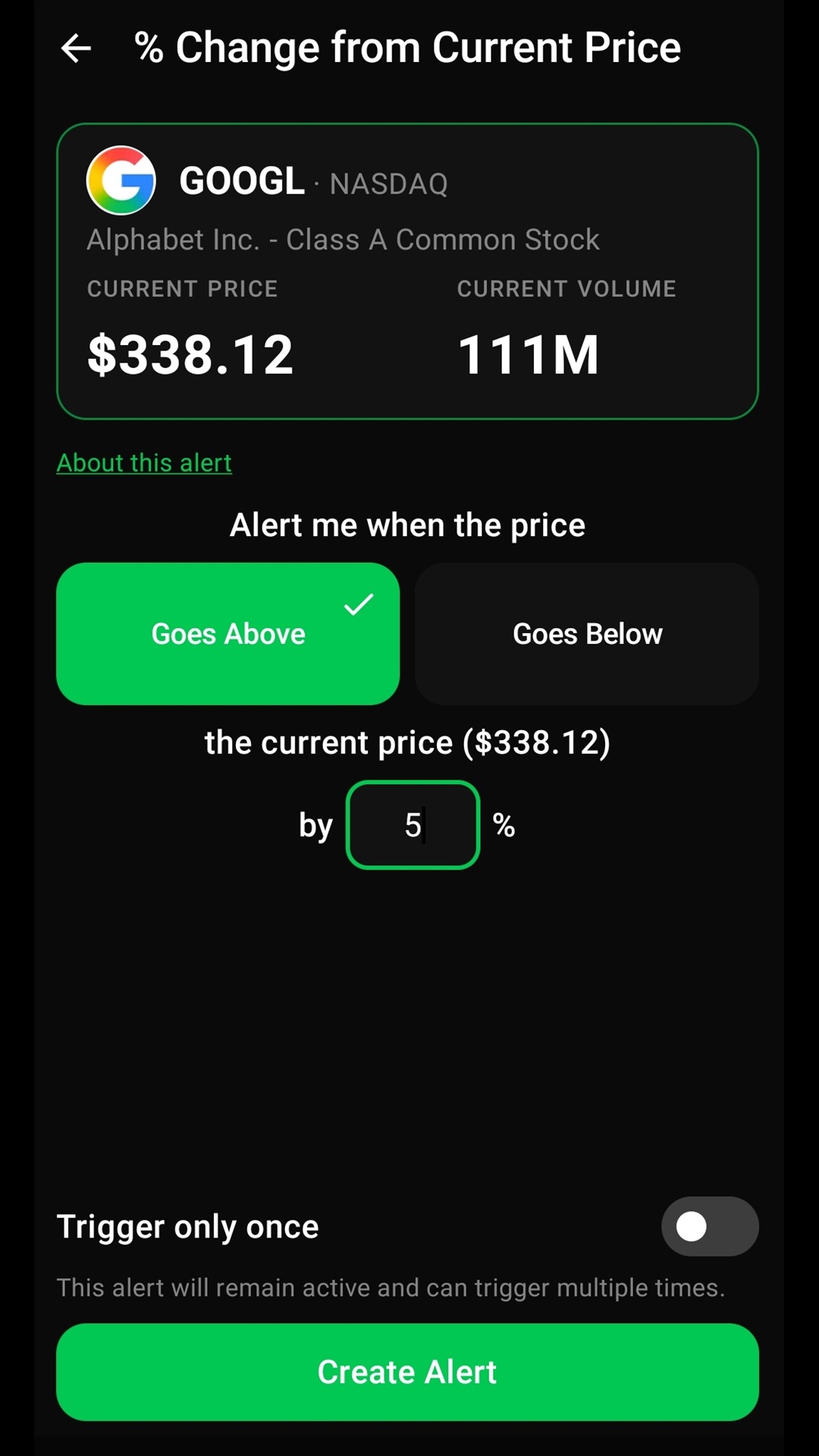 Configure a percentage change alert with direction and threshold